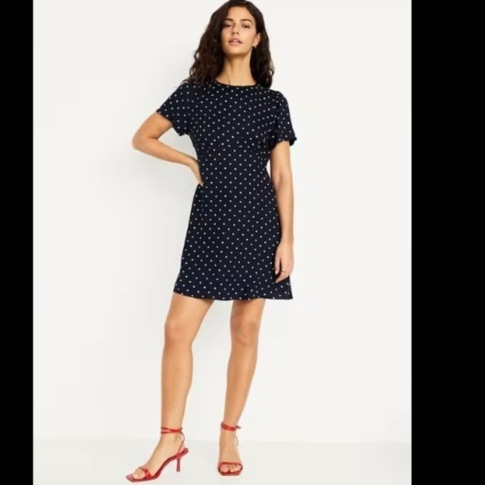 Old Navy Women's Size Medium Crepe Mini Dress Navy Blue White Polka Dots Short